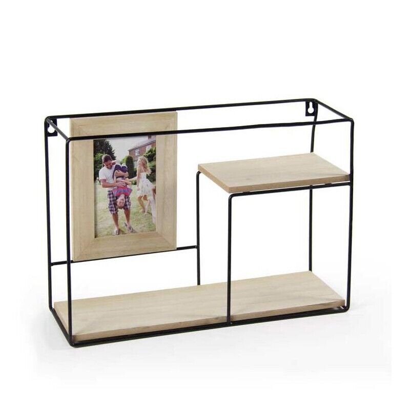 MENSOLA DA PARETE CON 2 RIPIANI E PORTAFOTO 41X13X28 CM LEGNO E METALLO