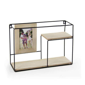 MENSOLA DA PARETE CON 2 RIPIANI E PORTAFOTO 41X13X28 CM LEGNO E METALLO