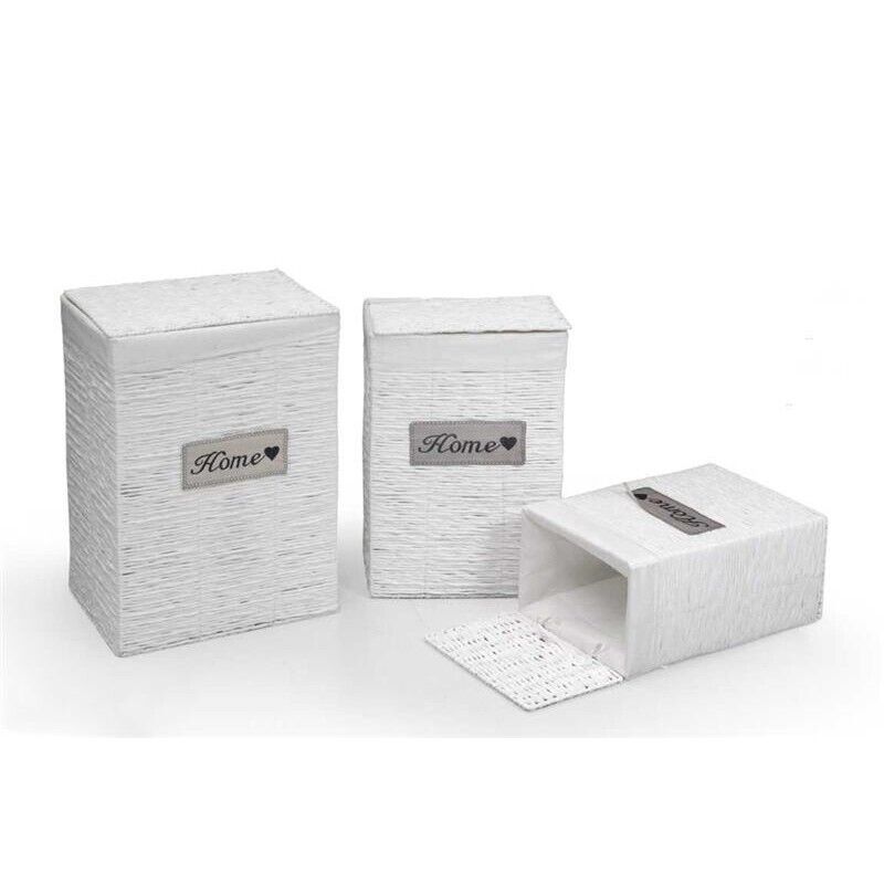 SET DI 3 CESTE PORTABIANCHERIA  VIMINI E TESSUTO BIANCO  54/49/44CM DESIGN HOME