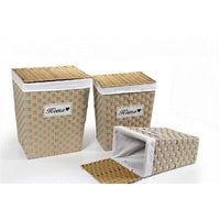 TRIS CESTE PORTABIANCHERIA IN VIMINI E TESSUTO HOME  BIANCO E LEGNO NATURALE