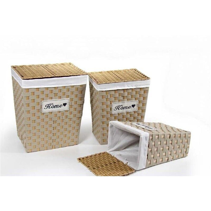 TRIS CESTE PORTABIANCHERIA IN VIMINI E TESSUTO HOME  BIANCO E LEGNO NATURALE