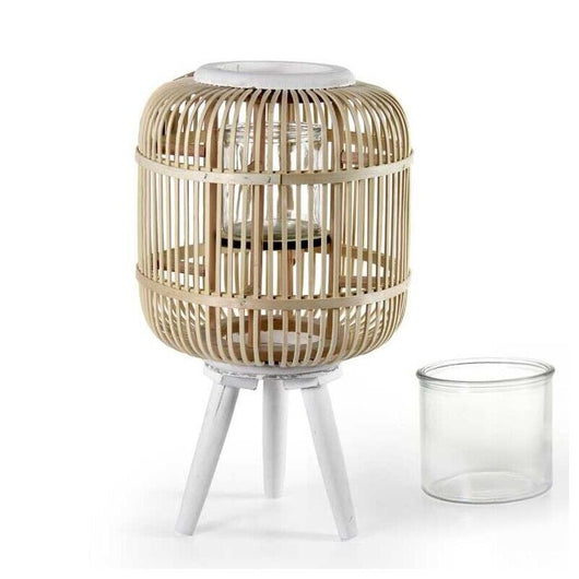 LANTERNA IN VIMINI TONDA CON TRE PIEDI BIANCHI 31X76CM IN LEGNO NATURALE