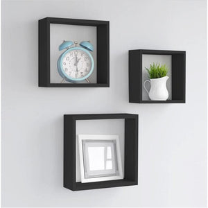 MAURY'S 3 PENSILI QUADRATI IN LEGNO DA PARETE IN TRE MISURE CON FINITURA NERA