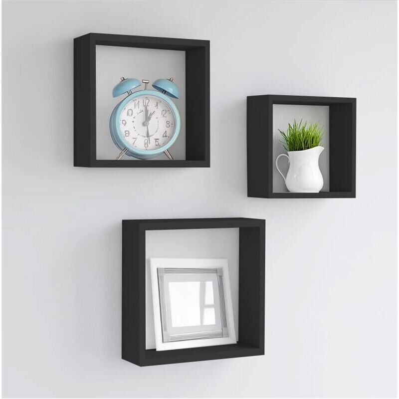 MAURY'S 3 PENSILI QUADRATI IN LEGNO DA PARETE IN TRE MISURE CON FINITURA NERA