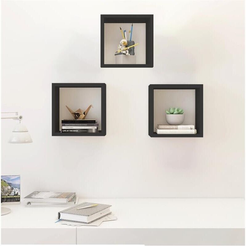 MAURY'S 3 PENSILI QUADRATI IN LEGNO DA PARETE IN TRE MISURE CON FINITURA NERA
