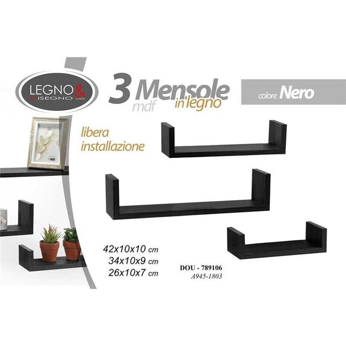MAURY'S SET 3 MENSOLE LINEARI IN DIFFERENTI DIMENSIONI CON FINITURA NERA
