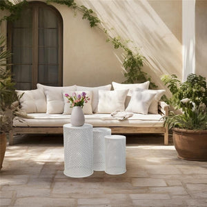 TRIS DI TAVOLINI DA ARREDO TONDI IN METALLO BIANCO IN DIFFERENTI MISURE