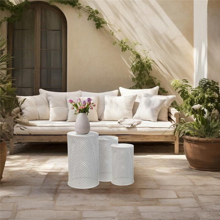 TRIS DI TAVOLINI DA ARREDO TONDI IN METALLO BIANCO IN DIFFERENTI MISURE