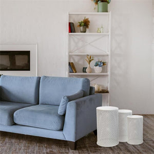 TRIS DI TAVOLINI DA ARREDO TONDI IN METALLO BIANCO IN DIFFERENTI MISURE