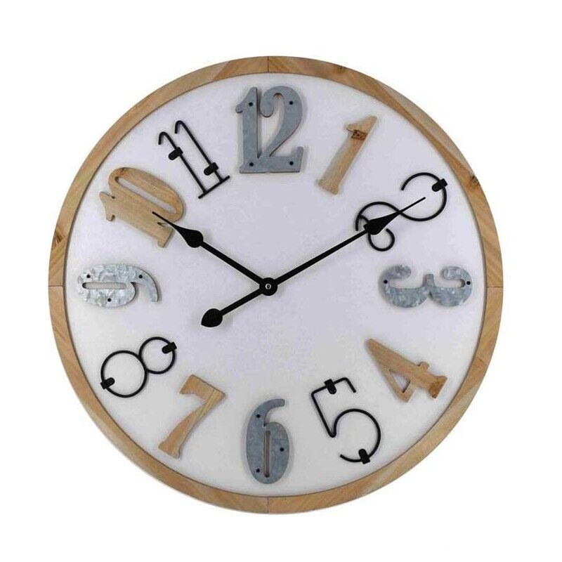 OROLOGIO DA PARETE TONDO IN LEGNO 60X5X60CM CON SIMPATICI INSERTI IN METALLO