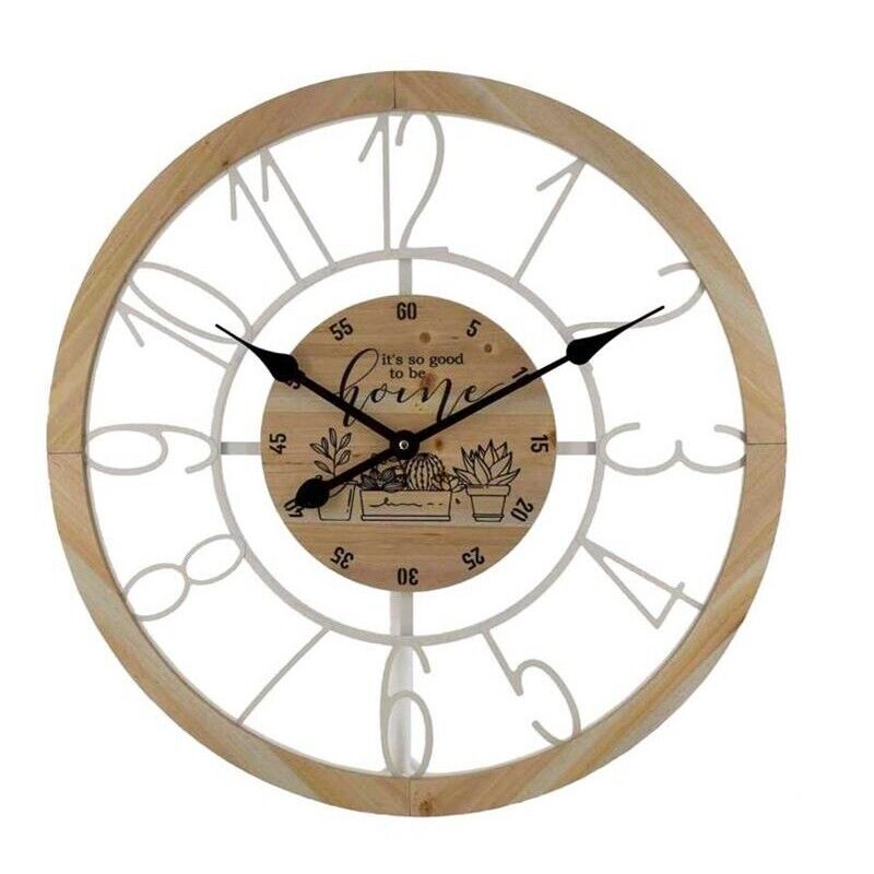 OROLOGIO IN METALLO DA PARETE 60X5X60 CM CON INSERTI IN LEGNO E SCRITTA HOME