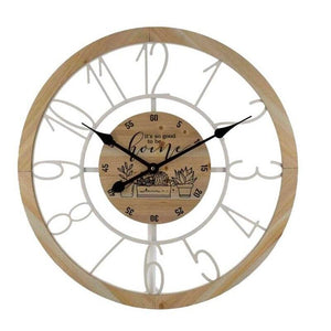OROLOGIO IN METALLO DA PARETE 60X5X60 CM CON INSERTI IN LEGNO E SCRITTA HOME