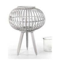 LANTERNA TONDA PORTACANDELA IN LEGNO VETRO E BAMBU 39X51 CM BIANCA CON PIEDINI