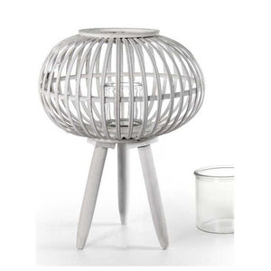 LANTERNA TONDA PORTACANDELA IN LEGNO VETRO E BAMBU 39X51 CM BIANCA CON PIEDINI