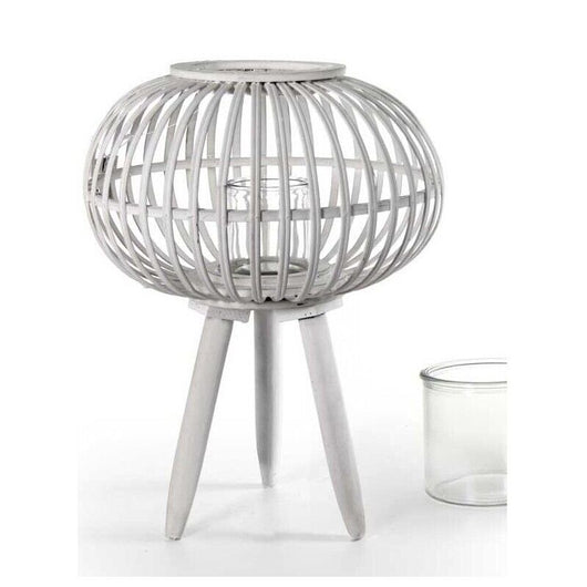 LANTERNA TONDA PORTACANDELA IN LEGNO VETRO E BAMBU 39X51 CM BIANCA CON PIEDINI