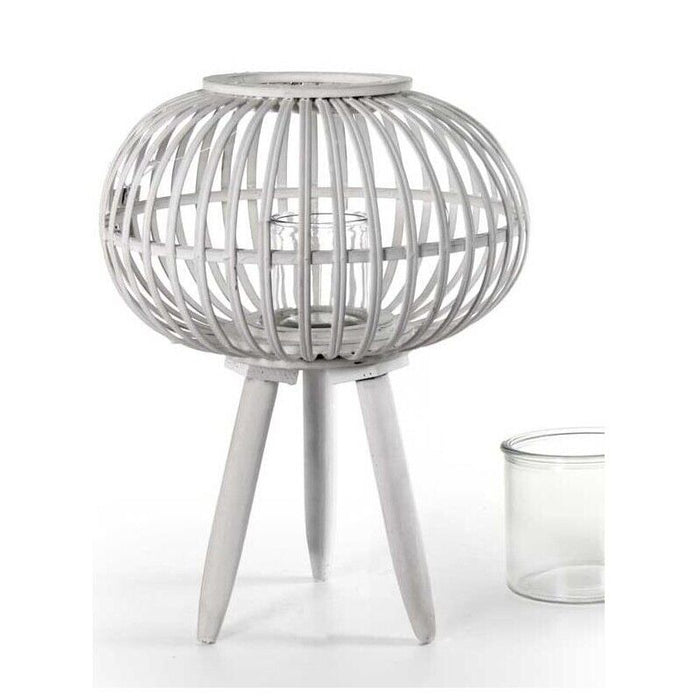 LANTERNA TONDA PORTACANDELA IN LEGNO VETRO E BAMBU 39X51 CM BIANCA CON PIEDINI