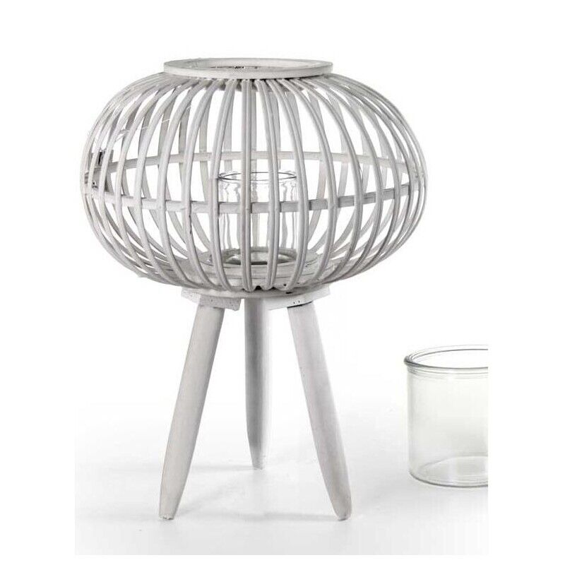 LANTERNA TONDA PORTACANDELA IN LEGNO VETRO E BAMBU 39X51 CM BIANCA CON PIEDINI