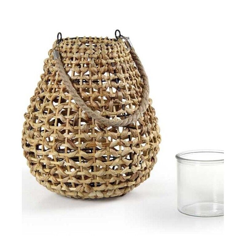 LANTERNA PORTACANDELA TONDA CON BICCHIERE IN VETRO 32X38 CM COLORE NATURALE