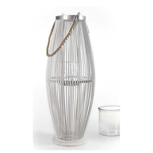 LANTERNA PORTACANDELA TONDA CON INTRECCIO DI CANNA 32X32X82 CM BIANCA