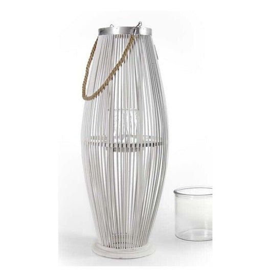 LANTERNA PORTACANDELA TONDA CON INTRECCIO DI CANNA 32X32X82 CM BIANCA