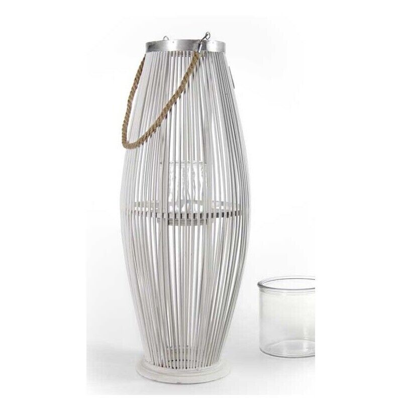 LANTERNA PORTACANDELA TONDA CON INTRECCIO DI CANNA 32X32X82 CM BIANCA