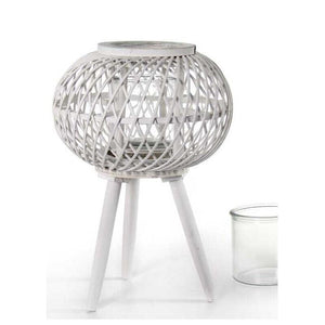 LANTERNA TONDA PORTACANDELA IN LEGNO VETRO E BAMBU 17X61 CM BIANCA CON PIEDINI