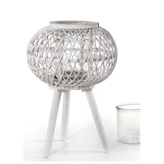 LANTERNA TONDA PORTACANDELA IN LEGNO VETRO E BAMBU 17X61 CM BIANCA CON PIEDINI