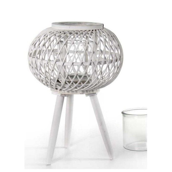 LANTERNA TONDA PORTACANDELA IN LEGNO VETRO E BAMBU 17X61 CM BIANCA CON PIEDINI