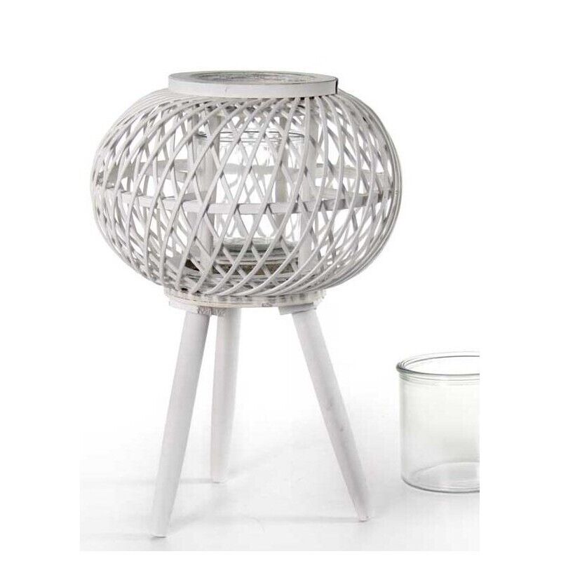 LANTERNA TONDA PORTACANDELA IN LEGNO VETRO E BAMBU 17X61 CM BIANCA CON PIEDINI