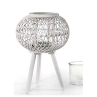 LANTERNA TONDA PORTACANDELA IN LEGNO VETRO E BAMBU 17X64 CM BIANCA CON PIEDINI