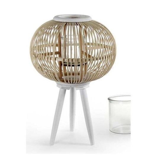 LANTERNA TONDA PORTACANDELA IN LEGNO VETRO E BAMBU 37X66 CM BIANCO E LEGNO