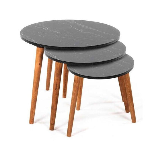 SET 3 TAVOLINI TONDI IN LEGNO CON PIANO EFFETTO MARMO39/44/49 H COLORE NERO