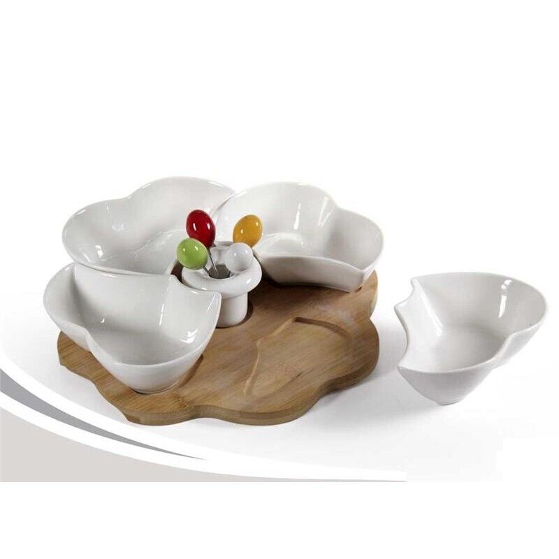 ANTIPASTIERA BIANCA QUADRIFOGLIO CON SUPPORTO IN LEGNO 25X5 CM