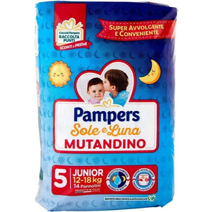 SET 4 PANNOLINI PAMPERS SOLE E LUNA MUTANDINO CONFEZIONE DA 14PZ JUNIOR TAGLIA 5