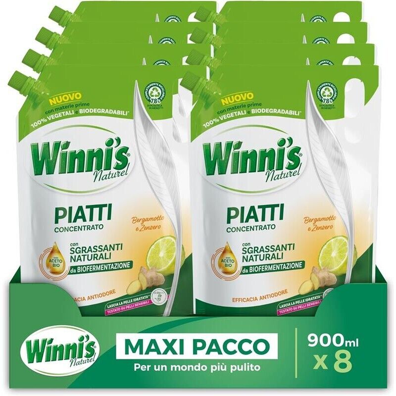 WINNI'S RICARICA SET 8 PZ DETERGENTE PIATTI DA 900 ML BERGAMOTTO E ZENZERO