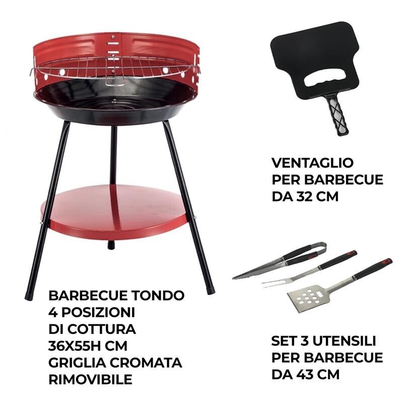 MAURY'S SET BARBECUE TONDO 4 POSIZIONI 36X55H CM + VENTAGLIO DA 32 CM + GRILL SET 3 UTENSILI 43 CM