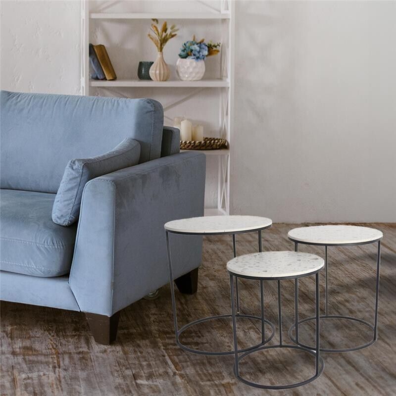 SET 3 TAVOLINI TONDI DA CAFFÈ 45X50/40X47H/35X40H CM CON TOP BIANCO