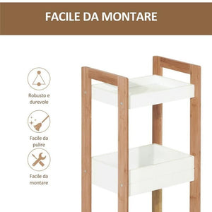 MOBILETTO DA BAGNO CON 3 RIPIANI COMPATTO 27.5X20.8X74 CM IN LEGNO MDF BIANCO E BAMBÙ