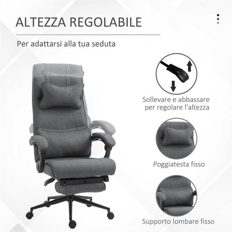 SEDIA DA UFFICIO ERGONOMICA AD ALTEZZA REGOLABILE CON BRACCIOLI E POGGIAPIEDI 66X70X115-123 CM GRIGIA