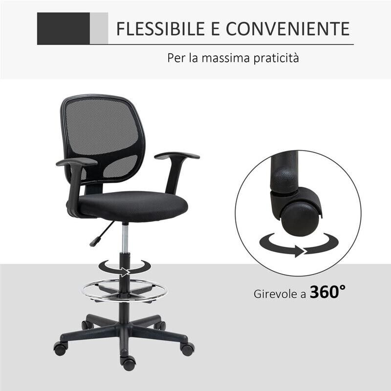SEDIA DA UFFICIO AD ALTEZZA REGOLABILE CON BRACCIOLI ROTELLE E SEDUTA IMBOTTITA, 60X56X110-132 CM  NERA