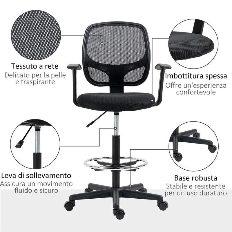 SEDIA DA UFFICIO AD ALTEZZA REGOLABILE CON BRACCIOLI ROTELLE E SEDUTA IMBOTTITA, 60X56X110-132 CM  NERA