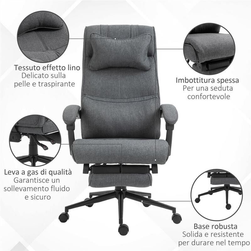 SEDIA DA UFFICIO ERGONOMICA AD ALTEZZA REGOLABILE CON BRACCIOLI E POGGIAPIEDI 66X70X115-123 CM GRIGIA