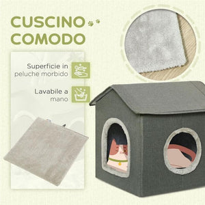 CASETTA PER GATTI CON CUSCINI LAVABILI 2 ENTRATE, 39X43.5X40.5CM  GRIGIO