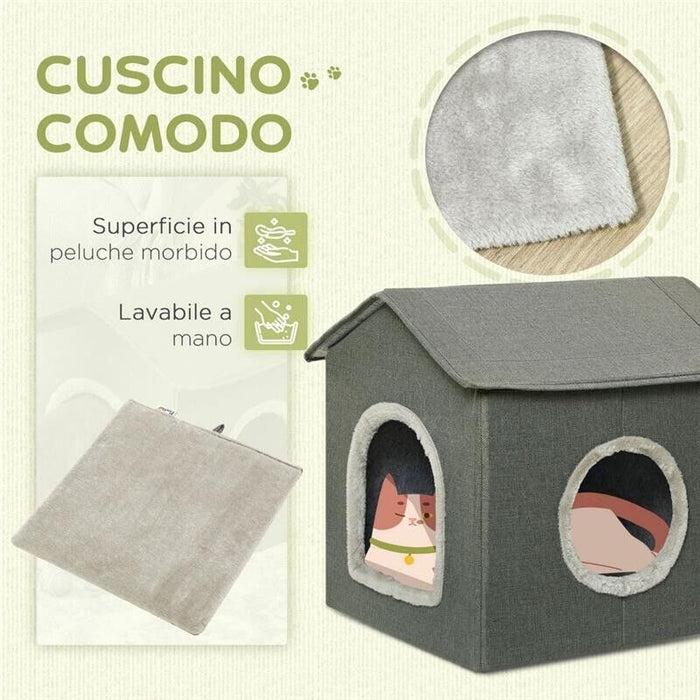 CASETTA PER GATTI CON CUSCINI LAVABILI 2 ENTRATE, 39X43.5X40.5CM  GRIGIO