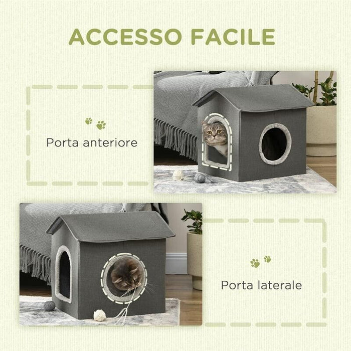 CASETTA PER GATTI CON CUSCINI LAVABILI 2 ENTRATE, 39X43.5X40.5CM  GRIGIO