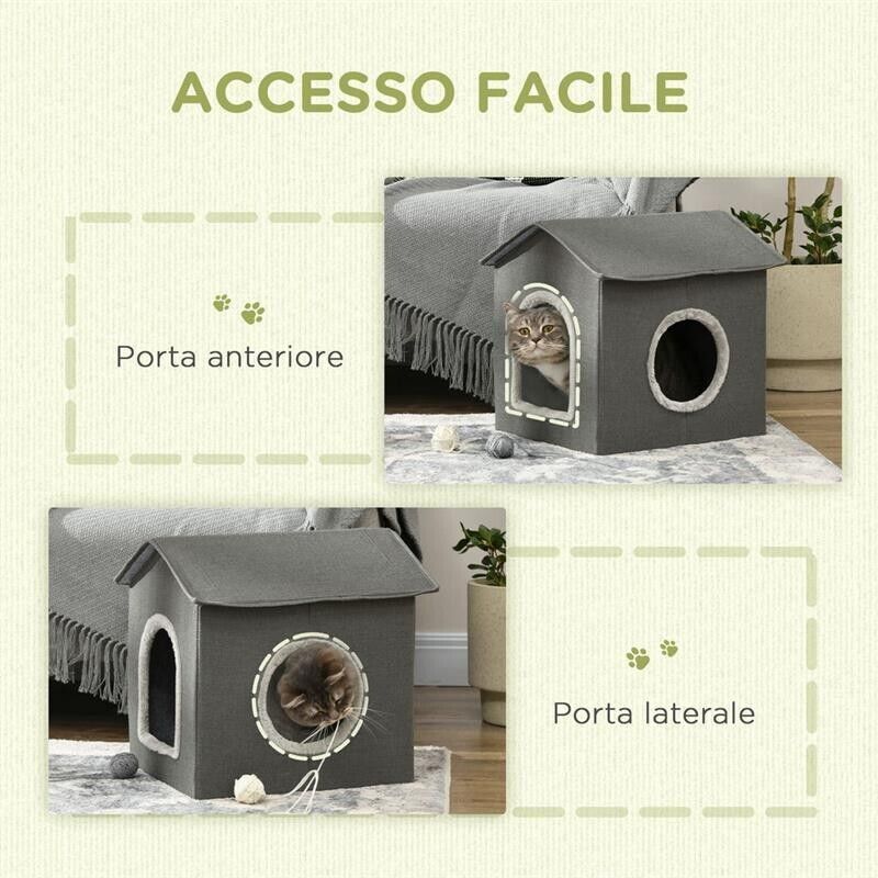 CASETTA PER GATTI CON CUSCINI LAVABILI 2 ENTRATE, 39X43.5X40.5CM  GRIGIO