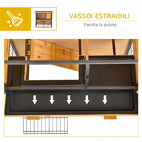 GABBIA PER CONIGLI CON RAMPA E AREA APERTA, CONIGLIERA IN LEGNO E METALLO SU 2 LIVELLI, GIALLO CHIARO, 89.5X45X81CM
