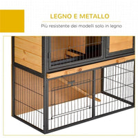 GABBIA PER CONIGLI CON RAMPA E AREA APERTA, CONIGLIERA IN LEGNO E METALLO SU 2 LIVELLI, GIALLO CHIARO, 89.5X45X81CM