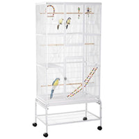 GABBIA PER UCCELLI IN ACCIAIO E PP CON POSATOI, GIOCHI, CONTENITORI PER CIBO E VASSOIO, 83X53X180 CM, BIANCO