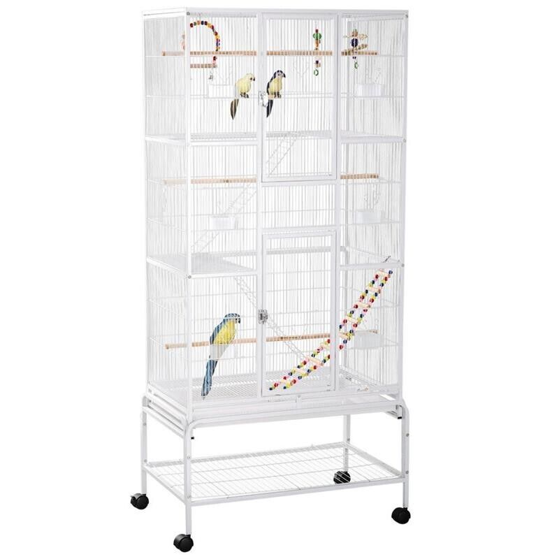 GABBIA PER UCCELLI IN ACCIAIO E PP CON POSATOI, GIOCHI, CONTENITORI PER CIBO E VASSOIO, 83X53X180 CM, BIANCO